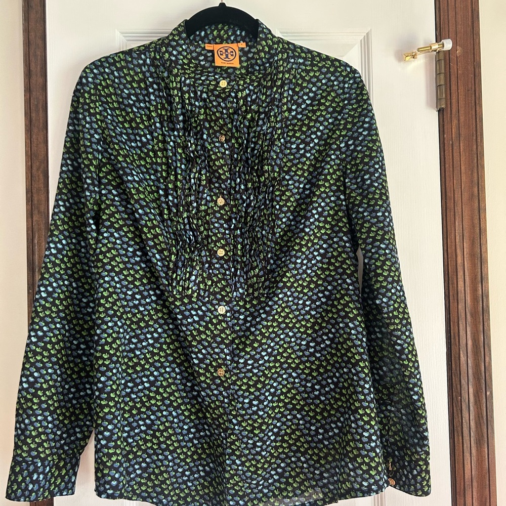 Tory Burch Green and Blue Patterned Blouse- size 8